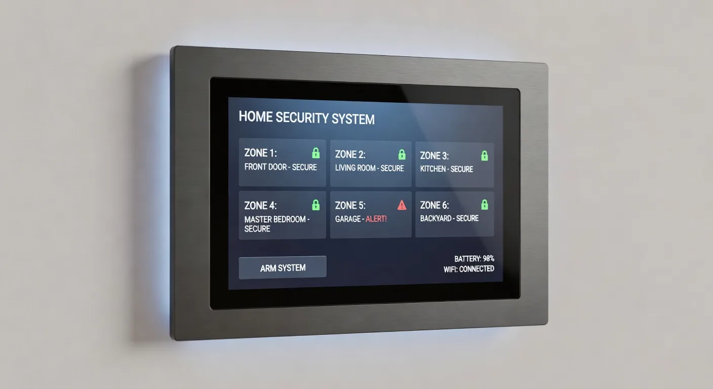 Aurora Sentinel smart security control panel with touchscreen interface and camera management