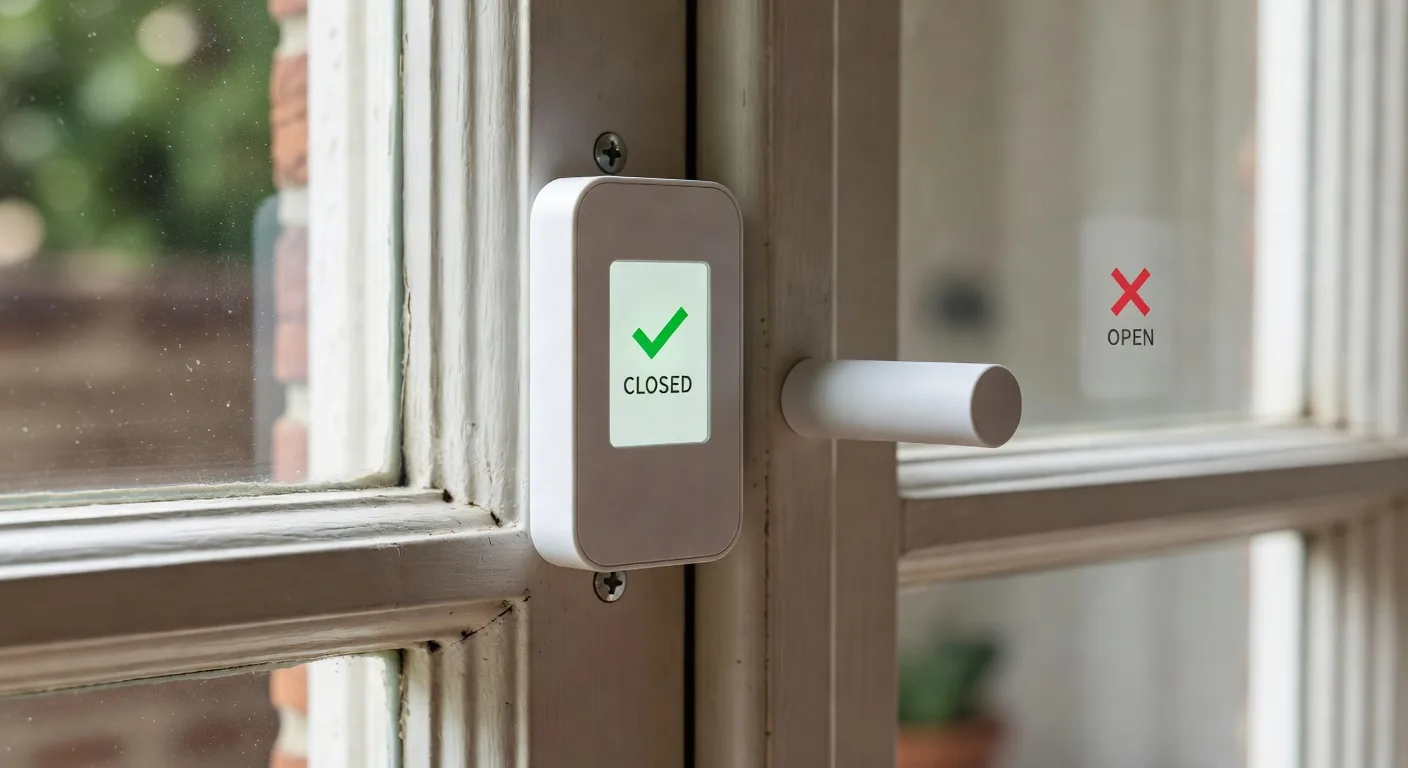 Aurora Sentinel window security sensor installed on residential window frame showing magnetic contact alignment